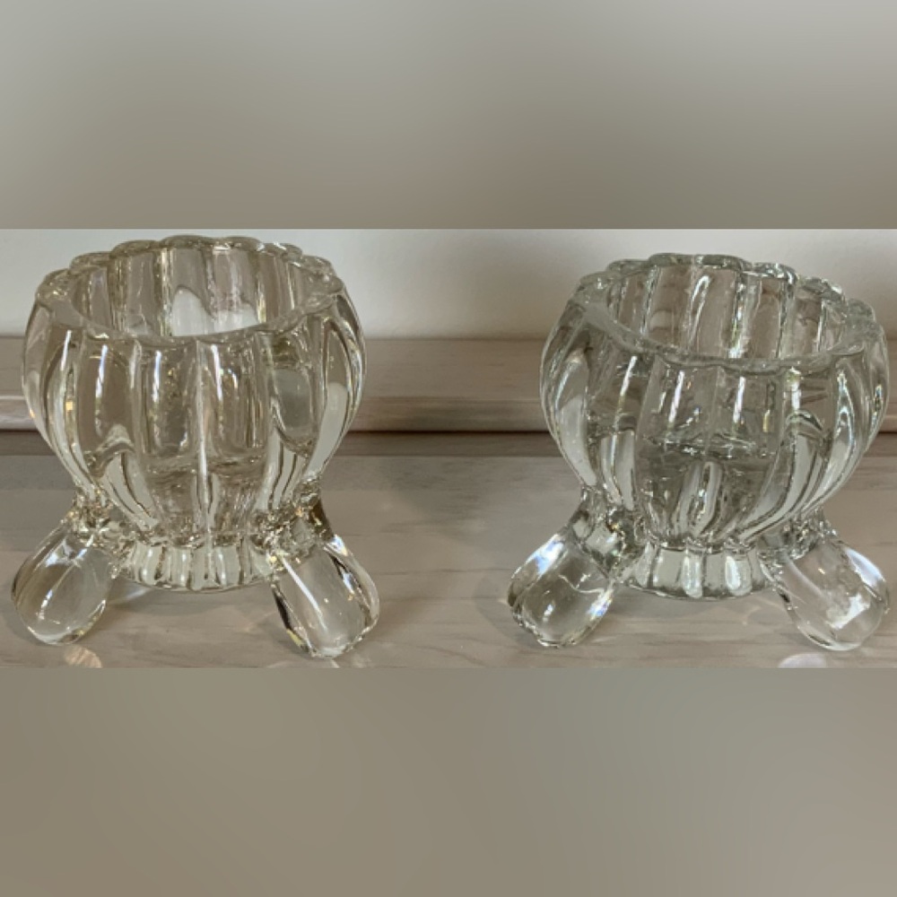 Vintage Jeannette Glass Pair of 2 Clear Glass Candle Holders 3 Feet